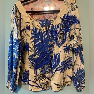 Elie Tahari Blue Beige Floral Tops Blouses Small Women 100% Cotton Size Medium